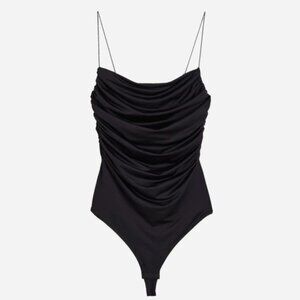 Black Jersey Ruched Micro Strap Bodysuit